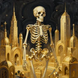 a beautiful painting of skeleton fantasy gold world with architecture design by aaron horkey, trending on artstation