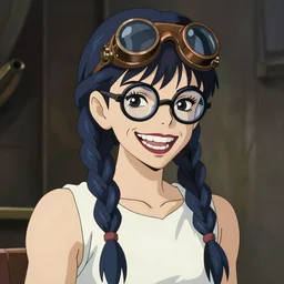 double very long braids blue, bronze steampunk welding goggles black glasses, clear makeup, tane skin, evil crazy laugh, audrey hepburn, portrait gapmoe yandere grimdark, trending on pixiv fanbox, painted by greg rutkowski makoto shinkai takashi takeuchi studio ghibli, akihiko yoshida