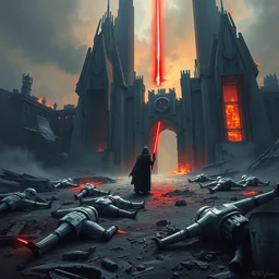 a painting of a cinematic keyframe of a star wars dark sith with his red lightsaber walks into the remains of a citadel, dead stormtroopers laying in the ground, remains of starships with fire and smoke by greg rutkowski, rule of thirds, golden ratio, ambient lighting, wlop, artgerm, artstation, highly detailed masterpiece, dark fantasy art, high detail, trending