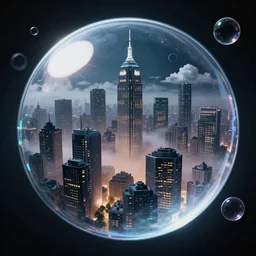 gigantic city, in diamond glass orb, city inside is distorted by light refraction, night fog, clouds, bubbles, pixel art