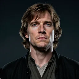 very low angle high quality hyper realistic portrait of young mark hamill portraying luke skywalker, dark dramatic lighting, portrait realistic and insanely detailed, great composition, 8 k