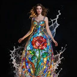beautiful woman splash art wearing a dress made stained glass in the design of a rose. masterpiece by artgerm and greg rutkowski and ilya kuvshinov paul lerh