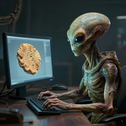 an alien working on a computer, an ancient archeological artifact, hyper - realistic, extremely detailed