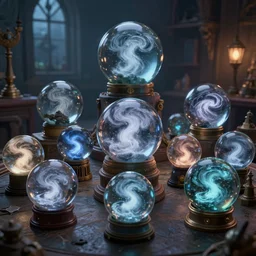 A multitude of glass orbs of varying shapes and sizes containing a variety of different types of storms, inside the wizard's workshop at dusk, photorealistic, dramatic lighting, award winning, rendered with autodesk arnold unreal engine octane render Lumion Blender Maxwell.