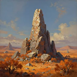 jagged stone spire in scorched shrublands, extremely detailed oil painting, unreal 5 render, digital art, landscape painting, octane render, beautiful composition, trending on artstation, award winning photograph, masterpiece