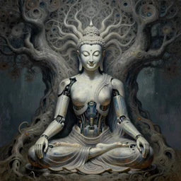 perfectly centered, symmetrical, front view of a beautiful biomechanical buddha meditating under a tree of fractal consciousness, alien, robotic, female, flowing hair, intense stare, sarcastic smile, concept art, intricate detail, volumetric shadows and lighting, realistic oil painting by alex grey and gustave dore,