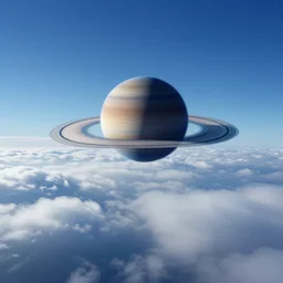 blue dreamy cloudscape with a single planet in the clouds, ringed planet, daylight, cinematic lighting, cinematic perspective, syd mead, john harris, federico pelat,