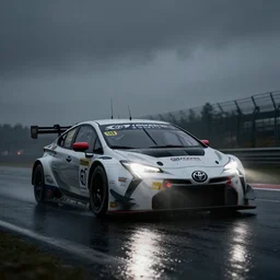 Toyota Prius 2022. Toyota GT Le Mans car racing on dimly lit track overcast skies raining headlights illuminating track, volumetric lighting cinematic vray photo muted colors dark cinematic. front side view uncropped centered. artstation trending dramatic harsh lighting low exposure