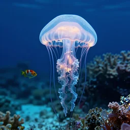 strange hyper complex jellyfish, glowing, underdater picture, tropical, crystal waters, reef