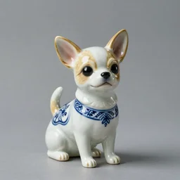 A porcelain model of a chihuahua painted in an Emma Bridgewater pattern, sculpture, photograph, studio lighting, product photography, advertising photography, pottery, figurine, octane render –H 768