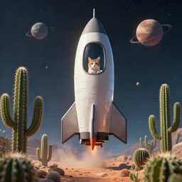 A cat inside a rocket on a planet with a lot of cactuses, beautiful digital art, dramatic volumetric lighting, epic composition, high detail, 4K Ultra HD