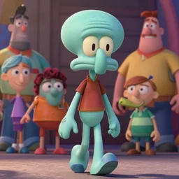 A badass photo of squidward walking in a family movie, hyper detailed, award winning photography, perfect faces