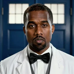 kanye west as the doctor! with bowtie! in doctor who, doctor who, detailed tardis!!!!!!!!!!!!, movie still, detailed face, cinematic lighting, ray tracing, octane render, long lens, shallow depth of field, bokeh, anamorphic lens flare, 8 k, hyper detailed, 3 5 mm film grain