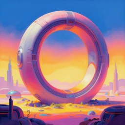 vibrant vivid stylish sci fi digital landscape painting with giant cybernetic ring, smooth gradient colorings, retro vintage sci fi landscape by moebius and simon stalenhag and geoff darrow and dan mumford, solarpunk