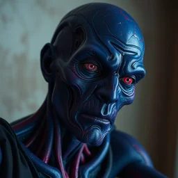 a dark crimson cobalt blue humanoid, hyper detailed, in the style of ruan jia junji ito and and h. r. giger and junji ito, selfie