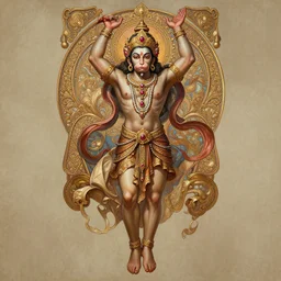 a full body centered portrait of a beautiful ornated hanuman god, leaping across the canvas with arms stretched above the head and the palms joined together, intricate, elegant, highly detailed, digital painting, artstation, concept art, smooth, sharp focus, colored illustration for tattoo, art by krenz cushart and artem demura and alphonse mucha