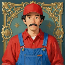 a portrait of a man with a mustache wearing a red shirt, blue overalls, and a red cap, art by ayami kojima, matte painting, ornate details,