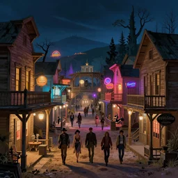 A street-level view of a magical wild-west town at night with wooden buildings and colorful neon lights; beautiful dangerous detailed fantasy illustration by Simon Stålenhag and Thomas Kinkade and Greg Rutkowski, trending on artstation, 4k