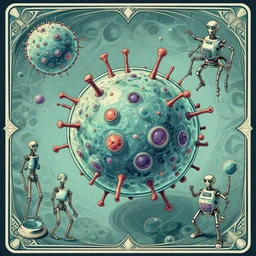 isometric scientifically accurate microscopic robotic virus attacking biological cell, diagram by tyler edlin and petros afshar and christopher balaskas and marius borgeaud and kiliain eng, atomic age maximalist, art nouveau, well proportioned, highly detailed