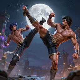 epic masterpiece tournament, hyperrealistic, octane render, cinematic, night, moon, muscular bodies, sweaty skin flying kicks, magic,  by Edgar Maxence and Ross Tran and Michael Whelan, Lorenzo Sperlonga Legends of Runeterra