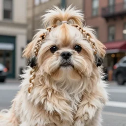 cream - colored havanese dressed as beyonce, hair in weaves, wearing a fur coat, urban background, magazine photography