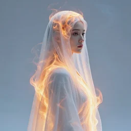 ice priestess cloaked in ethereal fire and smoke looking away from camera, profile shot, hyperrealistic, subject in center of frame, neonpunk, watercolor portrait by rembrandt and kim jung gi, jan van eyck, artstation, deviantart