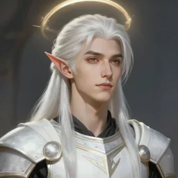 closeup portrait of a young beautiful calm and pious male aasimar paladin halo above head with medium length white hair wearing white vestments under armor, pensive and hopeful expression, illustration, painterly, Greg Rutkowski, intricate, masterpiece, clean shaven, fantasy, 8k