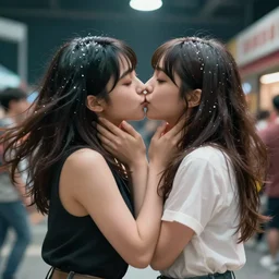 unbelievably beautiful, perfect, dynamic, epic, cinematic 8 k hd movie shot, kiss of two japanese beautiful cute young j - pop idols actresses girls, they kiss each other. motion, vfx, inspirational arthouse, high budget, hollywood style, at behance, at netflix, with instagram filters, photoshop, adobe lightroom, adobe after effects, taken with polaroid kodak portra