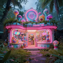futuristic, neon, intricate, vaporwave, hd 8 k, nature photography, abandoned, overgrown, candy shop