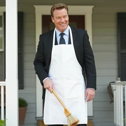 clean - shaven jon favreau as happy hogan wearing a black suit and necktie and apron is sweeping the front porch.