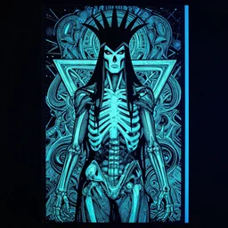portrait of black and cyan black light print by moebius, richard corben, wayne barlowe, cyberpunk comic cover art, psychedelic triangular skeleton, very intricate, thick outline, full body, symmetrical face, long black crown, in a shapes background, galactic dark colors