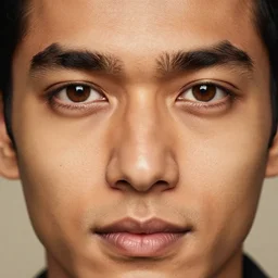 extreme close - up shot, studio photography portrait of a beautiful indian and southeast asian man, light brown eyes, diamond - shaped face, in the style of saul leiter, photorealistic, warm lighting, 2 4 mm, 8 k