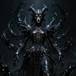 masterpiece portrait of an beautiful abyssal demon with sentinel armor, surrounded by black liquid occult swirls, horror, dramatic lighting, h. r. giger, greg rutkowski, alphonse mucha, artgerm, donato giancola, tom bagshaw, trending on cgsociety, octane render, 8 k