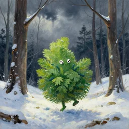 wild, lush chia pet frolicking in snowy woods, stormy skies. russian fairytale art, gouache, dynamic composition, backlighting