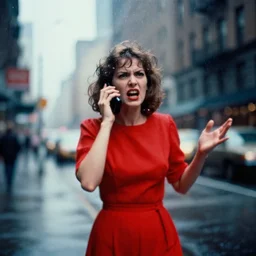 grainy abstract experimental expired film photo of a woman in red dress, talking angrily on mobile phone, gesticulating angrily, in 1 9 6 0 s new york city by saul leiter, 5 0 mm lens, cinematic colors, oversaturated filter, blur, reflection, refraction, distortion, rain drops, smears, smudges, blur, cinestill