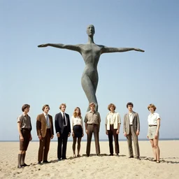 a group of people standing on top of a sandy beach, a surrealist sculpture by Oskar Schlemmer, tumblr, surrealism, surrealist, grotesque, 1970s