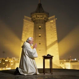 An old and friendly looking catholic priest kneeled in prayer at the summit of a tall tower. The night sky is filled with a yellow shadow. 4K, photorealistic, dramatic lighting