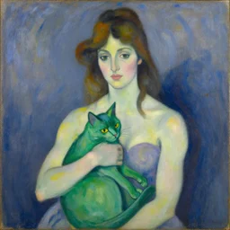 woman with green cat. painting by degas, yves tanguy, monet, henri de toulouse - lautrec, agnes pelton