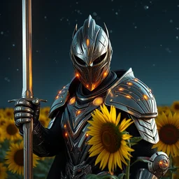 photography of a hyper realistic cybertronic futuristic knight with a sword. complex and highly detailed armor, leds, in a sunflower field, by night with stars. intense stare, concept art, intricate detail, volumetric shadows and lighting, realistic glass sculpture, octane render, unreal engine.