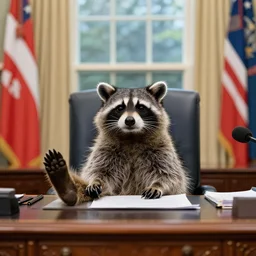 racoon president in the oval office with feet on desk