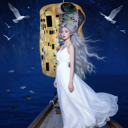a young beautiful woman with sliver long hair wearing a long white dress, on a boat flowing in the deep blue starry sea, flying white birds, sea animals, like a dream, hyperrealistic, highly detailed, gothic, by gustav klimt