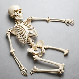 flat lay, knolling of the parts of a human skeleton.