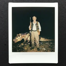 old polaroid photo of an old man holding a rifle and standing proudly next to a dinosaur corpse