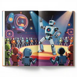Futuristic rockstar robot performing amazing show for robot audience double page spread award winning artwork 1980s comicbook