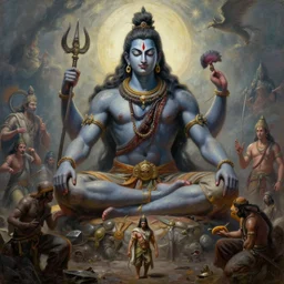 An epic majestic hindu god Shiva from Amar Chitra Katha, by Wayne Barlowe, by Ivan Aivazovsky, by Bruce Pennington, by Paul Lehr, masterpiece, oil on canvas, trending on artstation, top on pixiv, cinematic composition, dramatic scene, beautiful aesthetic lighting, artgem, horror, fantasy, concept art, sharp, high details, hyper-detailed, astrophotography, no frames, 8K