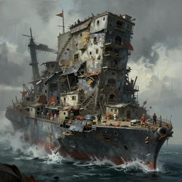 concept art of a massive sea vessel in precarious conditions with a slum built atop its deck, grimy, gritty, blade runner 2 0 4 9, trending on artstation, award winning painting, cgi, art by john berkey and anton fadeev and john howe and simon stalenhag