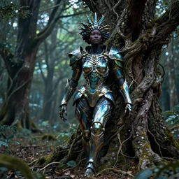 hyperrealistic neo - baroque super expressive! black woman with exoskeleton armor, merging with tree in a forest, highly detailed digital art masterpiece smooth cam de leon eric zener dramatic pearlescent blue green light ground angle hd 8 k sharp focus