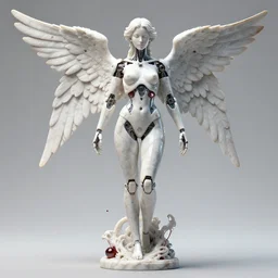 a statue made of a lot of blood, glass and white marble, of an beautiful gorgeous futuristic cybernetic angel girl, prostheses, transhumanism, full body shot, perfect symmetrical body, perfect symmetrical face, hyper realistic, hyper detailed, by johannen voss, by peter kemp, by monia merlo, by michelangelo, octane render, blender, 8 k