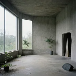 an abandoned modern art deco room in a concrete building, few plants, dreamy, overcast, by hans bellmer
