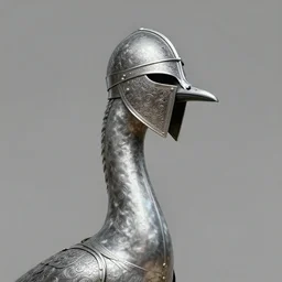 long - necked avian wearing a medieval full - coverage silver metal helmet with intricate filigree details, elegant, regal, digital illustration